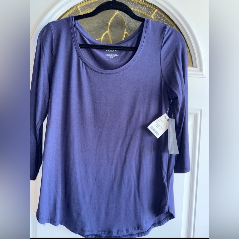 Tahari Blue Fitted 3/4 Sleeve T-Shirt